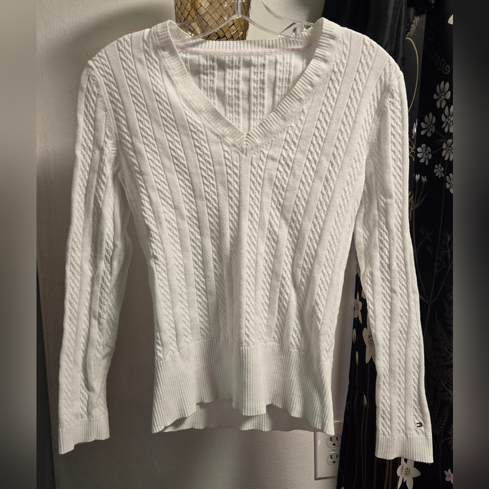 Tommy Hilfiger Womens White Cable Knit V-Neck Pullover Sweater Size Small Y2K